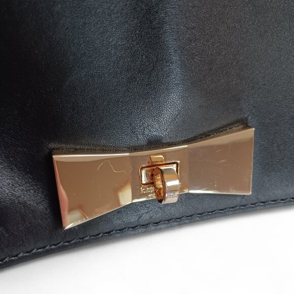 Kate Spade Black Leather Mini Flap Bag – Bow Turn-Lock Closure, Faux Pearl Chain - Picture 8 of 14